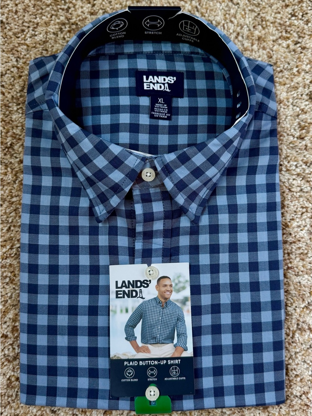 NEW Lands' End Men's Navy and Light Blue Plaid Button-Down Shirt XL